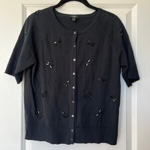 Talbots Beaded Dragonfly Shortsleeved Black Cardigan